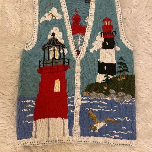 Eagle's Eye Vintage Lighthouse Coastal Themed Cardigan Sweater Vest Womens Sz L - Picture 13 of 16
